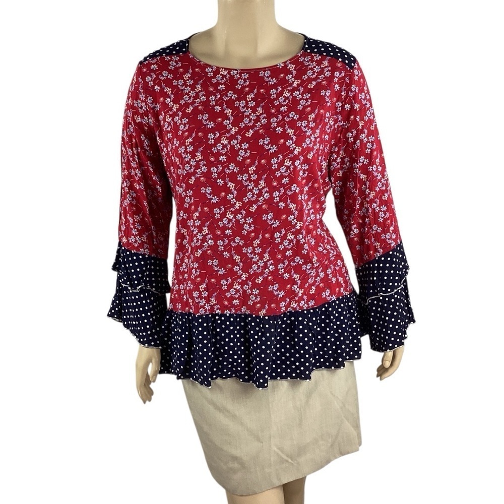 Suzanne Betro Red Floral Polka Dot Ruffle Hem Blouse Top 3X